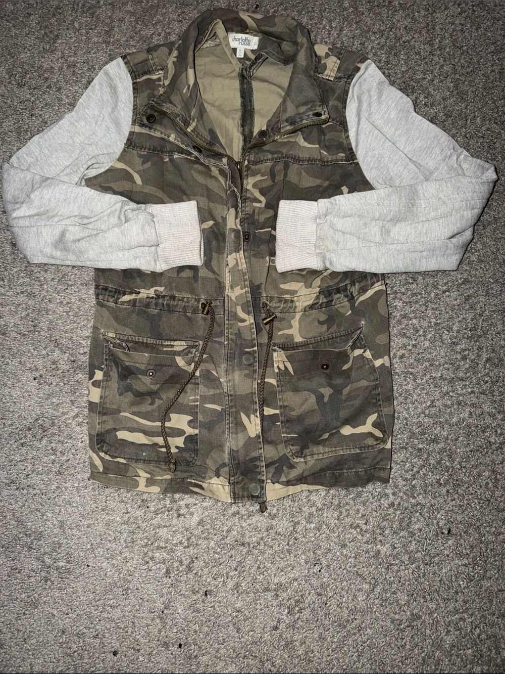 Charlotte Russe Camo Utility Jacket with Light Gray Knit Sleeves